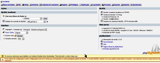Aviso de segurança PHPMyadmin sem senha
